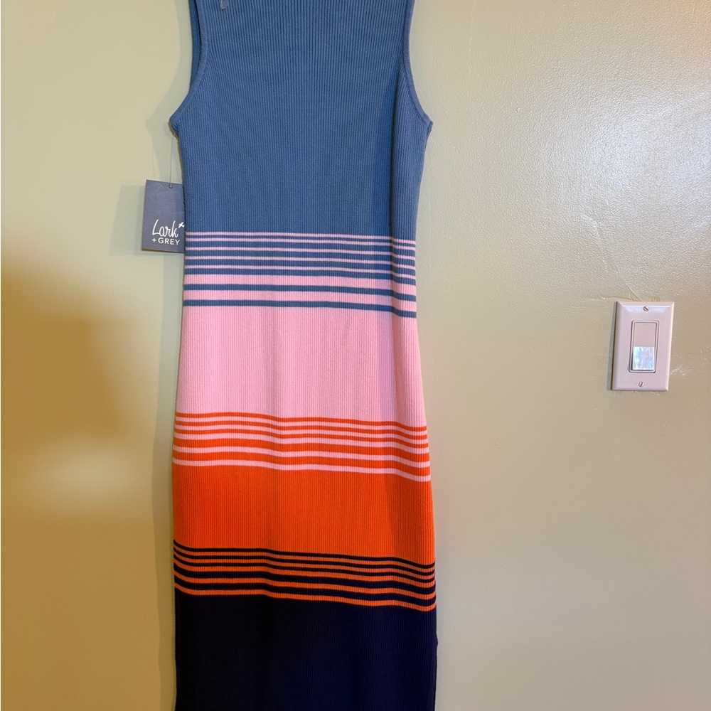Lark + Gray V-Neck Sleeveless Maxi Dress in Blue, Pink & Orange Stripe - Picture 4 of 8